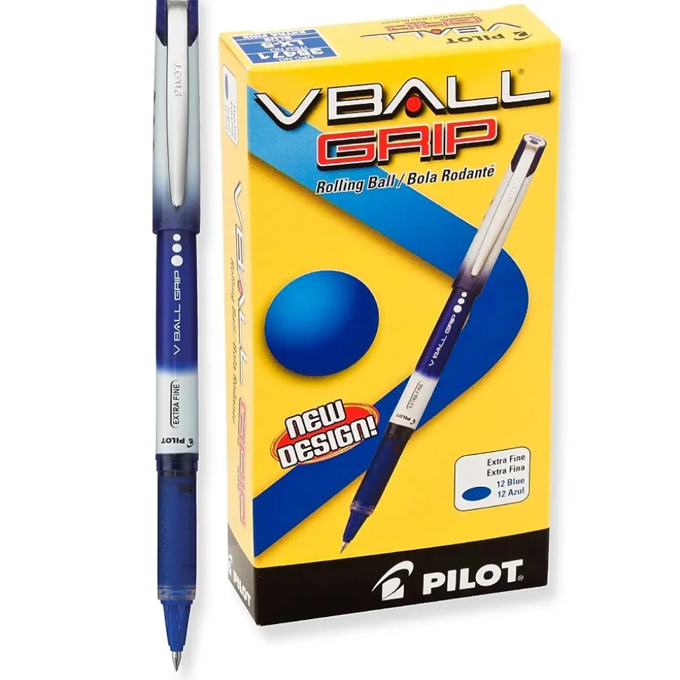 Pilot VBall Grip Rollerball Pens, Extra Fine Point, Blue Ink, Dozen (35471)