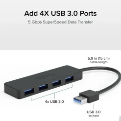 Plugable 4 Port USB Hub 3.0, USB Splitter for Laptop (USB3-HUB4A)