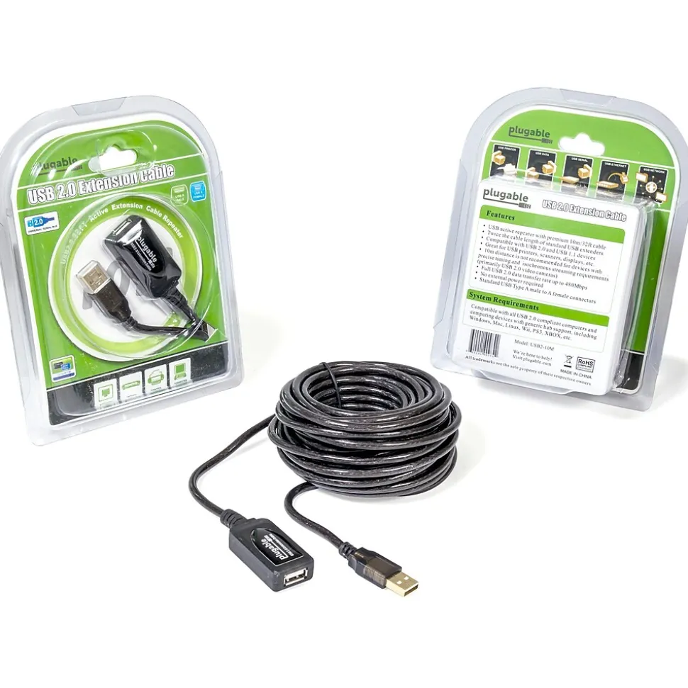 Plugable 10m USB 2.0 Type A Male/Female Active Extension Cable, Black (USB2-10M)