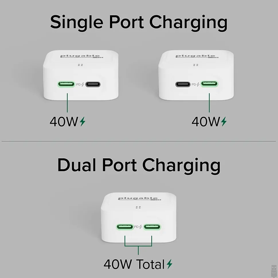 Plugable 40W Dual USB-C Wall Charger, White (PS-40C2W)