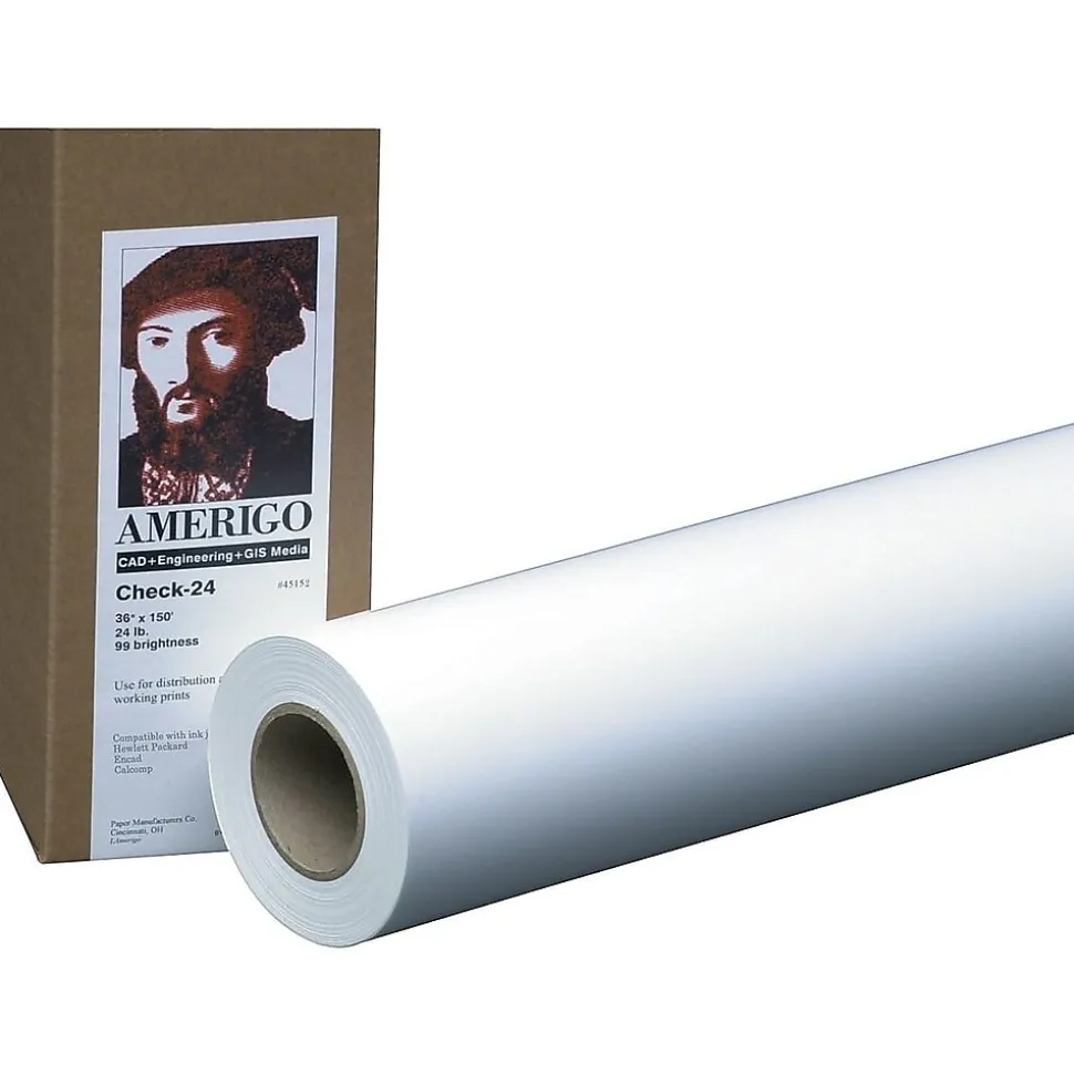 PM Company Amerigo Copy-20 Wide Format CAD Bond Paper, 36" x 500', Uncoated, 2/Carton (09136)