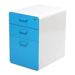 Poppin Stow 3-Drawer Mobile Vertical File Cabinet, Letter/Legal Size, Lockable, 24"H x 15.75"W x 20"D, White and Blue (100429)