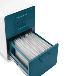 Poppin Stow 3-Drawer Vertical Locking File Cabinet, White & Slate Blue, 16