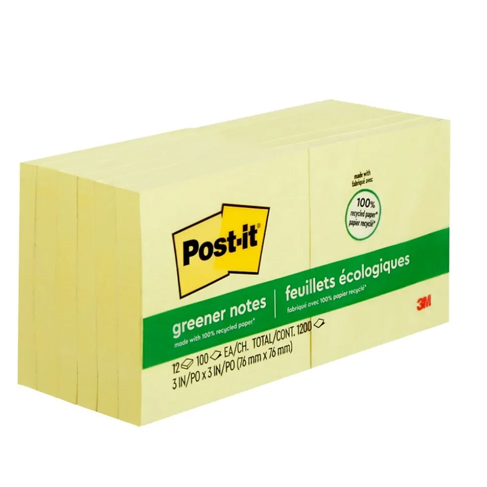 Post-it Greener Recycled Notes, 3" x 3", Canary Collection, 100 Sheet/Pad, 12 Pads/Pack (654-RP-YW)