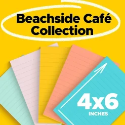 Post-it Notes, 4" x 6", Beachside Café Collection, Lined, 100 Sheet/Pad, 5 Pads/Pack (6605PKAST)