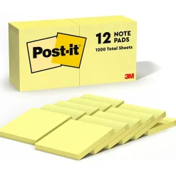 Post-it Notes, 3" x 3", Canary Collection, 100 Sheet/Pad, 12 Pads/Pack (654-12YW)