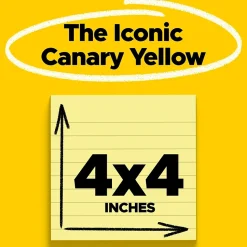 Post-it Notes, 4" x 4", Canary Collection, Lined, 300 Sheet/Pad (675-YL)