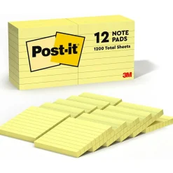 Post-it Notes, 3" x 3", Canary Collection, Lined, 100 Sheet/Pad, 12 Pads/Pack (63012PK)