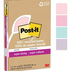 Post-it Recycled Super Sticky Notes, 4" x 6", Wanderlust Pastels Collection, 45 Sheet/Pad, 4 Pads/Pack (4621R-4SSNRP)