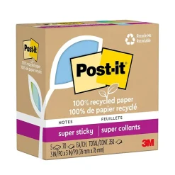 Post-it Recycled Super Sticky Notes, 3" x 3", Oasis Collection, 70 Sheet/Pad, 5 Pads/Pack (654R-5SST)