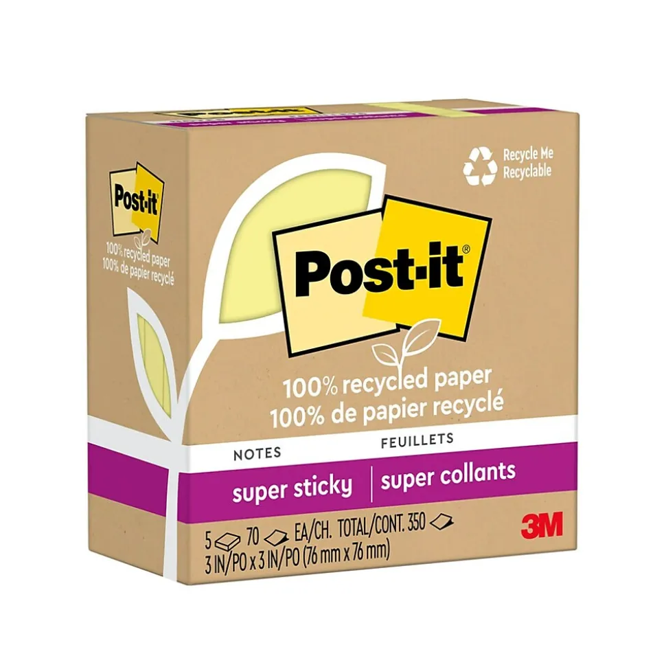 Post-it Recycled Super Sticky Notes, 3" x 3", Canary Collection, 70 Sheet/Pad, 5 Pads/Pack (654R-5SSCY)