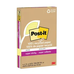 Post-it Recycled Super Sticky Notes, 4" x 6", Canary Collection, 45 Sheet/Pad, 4 Pads/Pack (4621R-4SSCY)