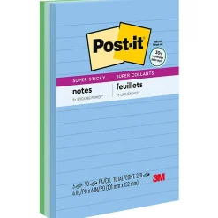 Post-it Recycled Super Sticky Notes, 4" x 6", Oasis Collection, Lined, 90 Sheet/Pad, 3 Pads/Pack (6603SST)