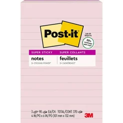 Post-it Recycled Super Sticky Notes, 4" x 6", Wanderlust Pastels Collection, Lined, 90 Sheet/Pad, 3 Pads/Pack (6603SSNRP)