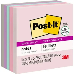 Post-it Recycled Super Sticky Notes, 3" x 3", Wanderlust Pastels Collection, 90 Sheet/Pad, 5 Pads/Pack (654-5SSNRP)