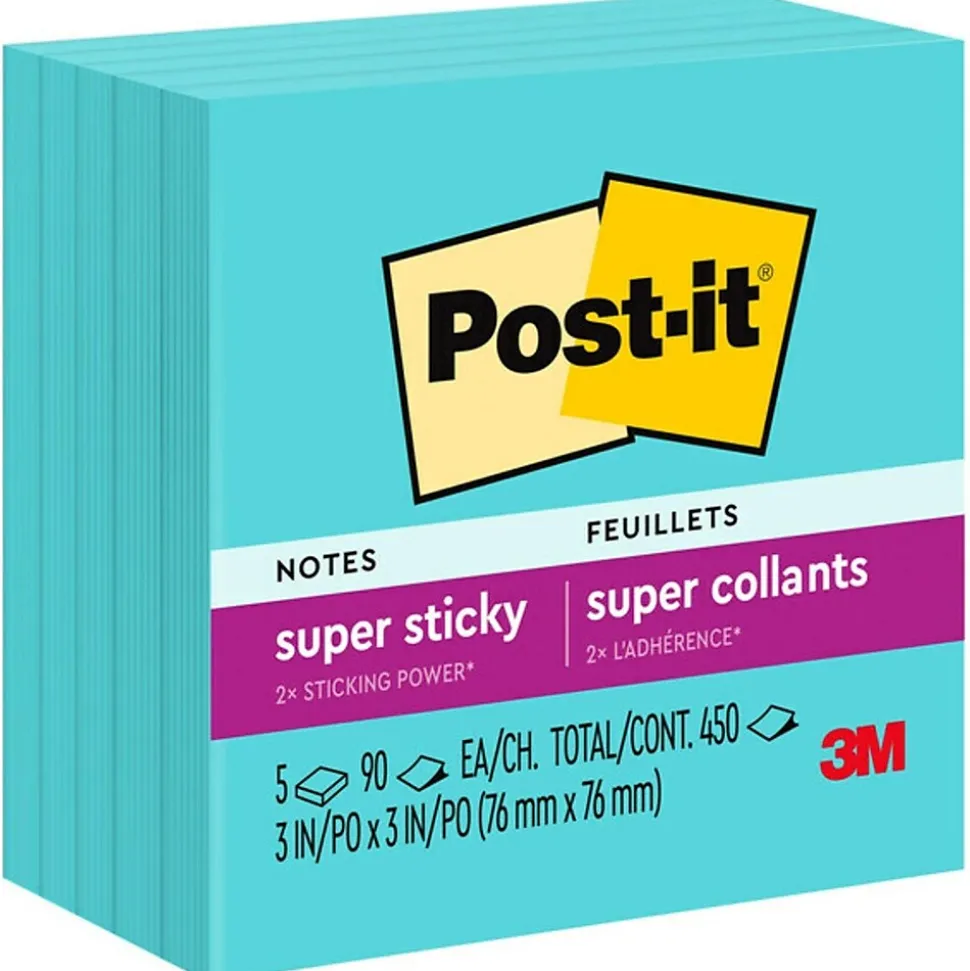 Post-it Super Sticky Notes, 3" x 3", Aqua Wave, 90 Sheet/Pad, 5 Pads/Pack (654-5AW)