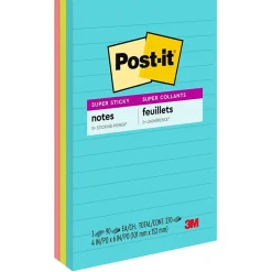 Post-it Super Sticky Notes, 4" x 6", Supernova Neons Collection, Lined, 90 Sheet/Pad, 3 Pads/Pack (660-3SSMIA)
