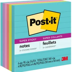 Post-it Super Sticky Notes, 4" x 4", Supernova Neons Collection, Lined, 90 Sheet/Pad, 6 Pads/Pack (675-6SSMIA)