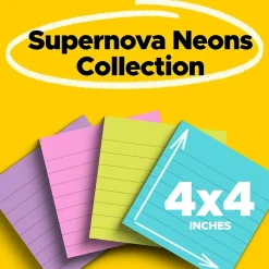 Post-it Super Sticky Notes, 4" x 4", Supernova Neons Collection, Lined, 90 Sheet/Pad, 4 Pads/Pack (675-4SSMIA)