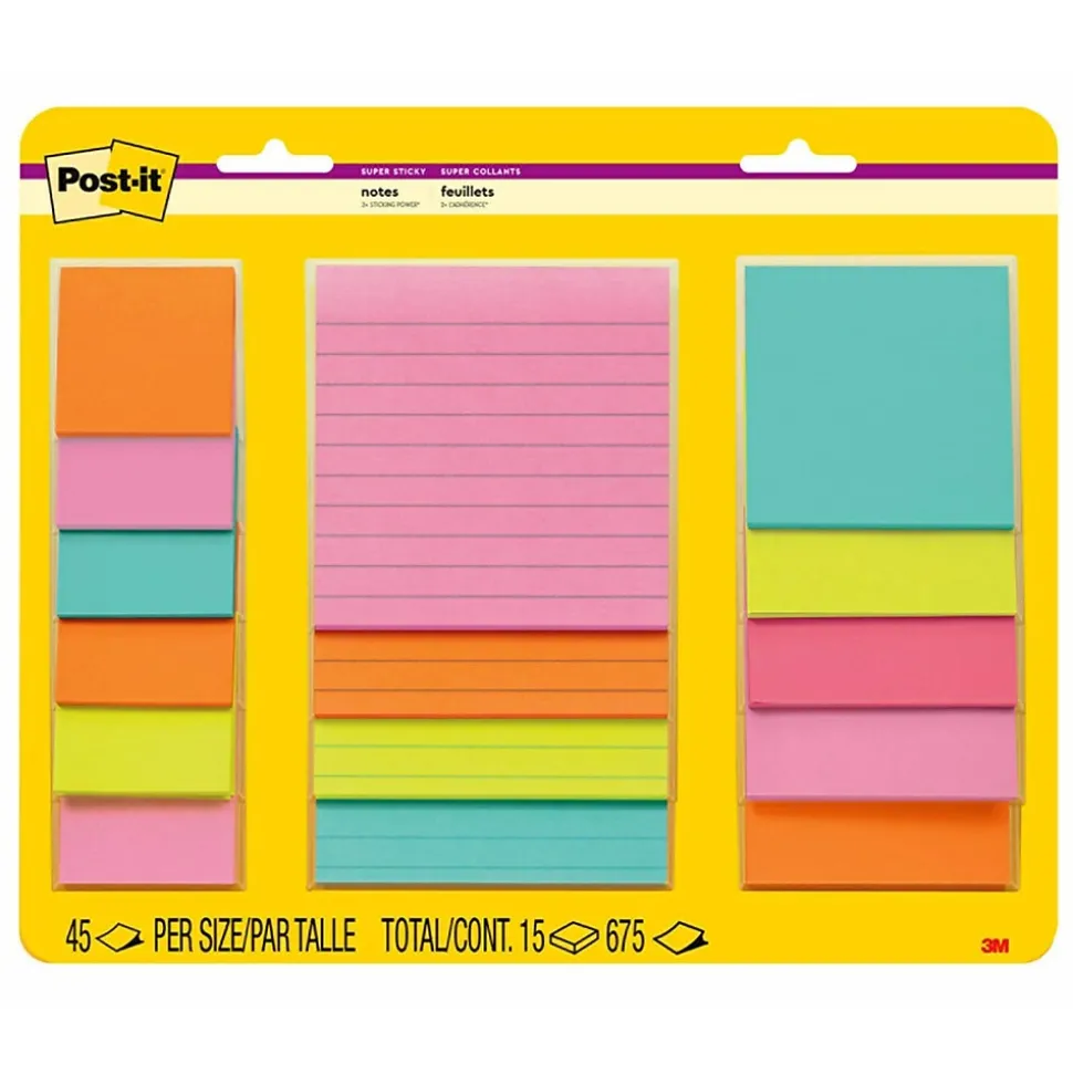Post-it Super Sticky Notes, Supernova Neons Collection, 45 Sheet/Pad, 15 Pads/Pack (4423-15SSMIA)