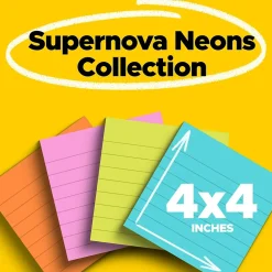 Post-it Super Sticky Notes, 4" x 4", Supernova Neons Collection, Lined, 45 Sheet/Pad, 4 Pads/Pack (4421-4SSMX)