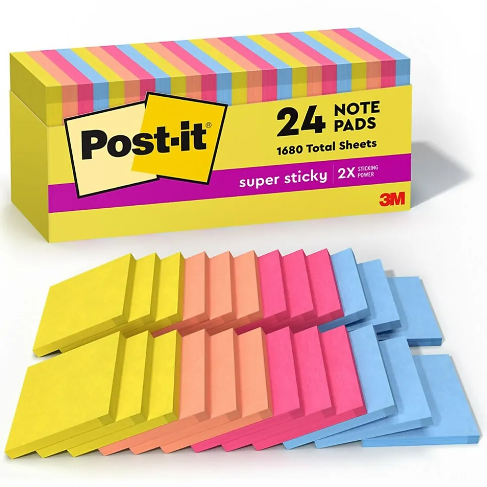 Post-it Super Sticky Notes, 3" x 3", Summer Joy Collection, 70 Sheet/Pad, 24 Pads/Pack (654-24SSJOY-CP)