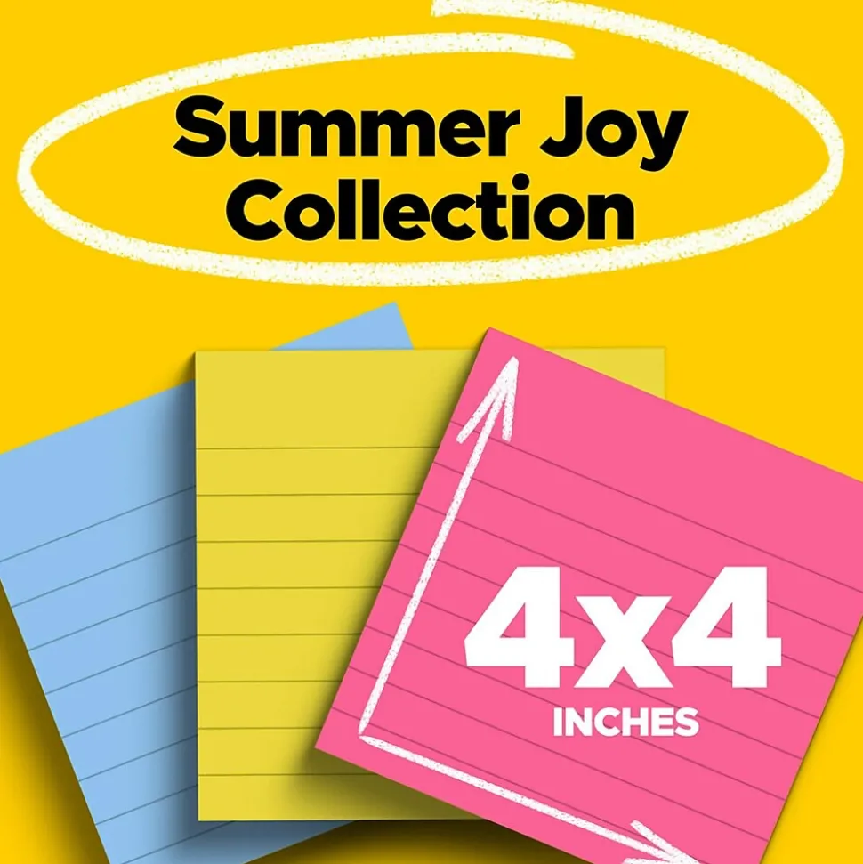 Post-it Super Sticky Notes, 4" x 4", Summer Joy Collection, Lined, 90 Sheet/Pad, 6 Pads/Pack (675-6SSJOY)