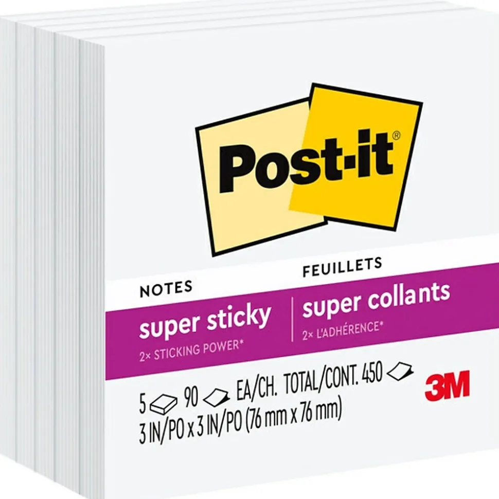 Post-it Super Sticky Notes, 3" x 3", White, 90 Sheet/Pad, 5 Pads/Pack (654-5SSW)