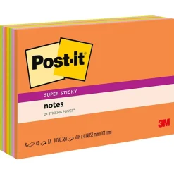 Post-it Super Sticky Notes, 4" x 6", Energy Boost Collection, 45 Sheet/Pad, 8 Pads/Pack (6445SSP)