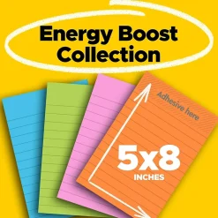 Post-it Super Sticky Notes, 5" x 8", Energy Boost Collection, Lined, 45 Sheet/Pad, 4 Pads/Pack (5845SSUC)