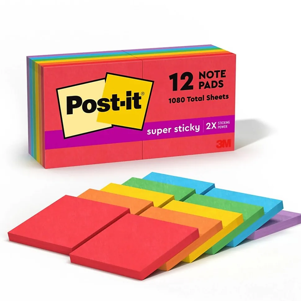 Post-it Super Sticky Notes, 3" x 3", Playful Primaries Collection, 90 Sheet/Pad, 12 Pads/Pack (65412SSAN)