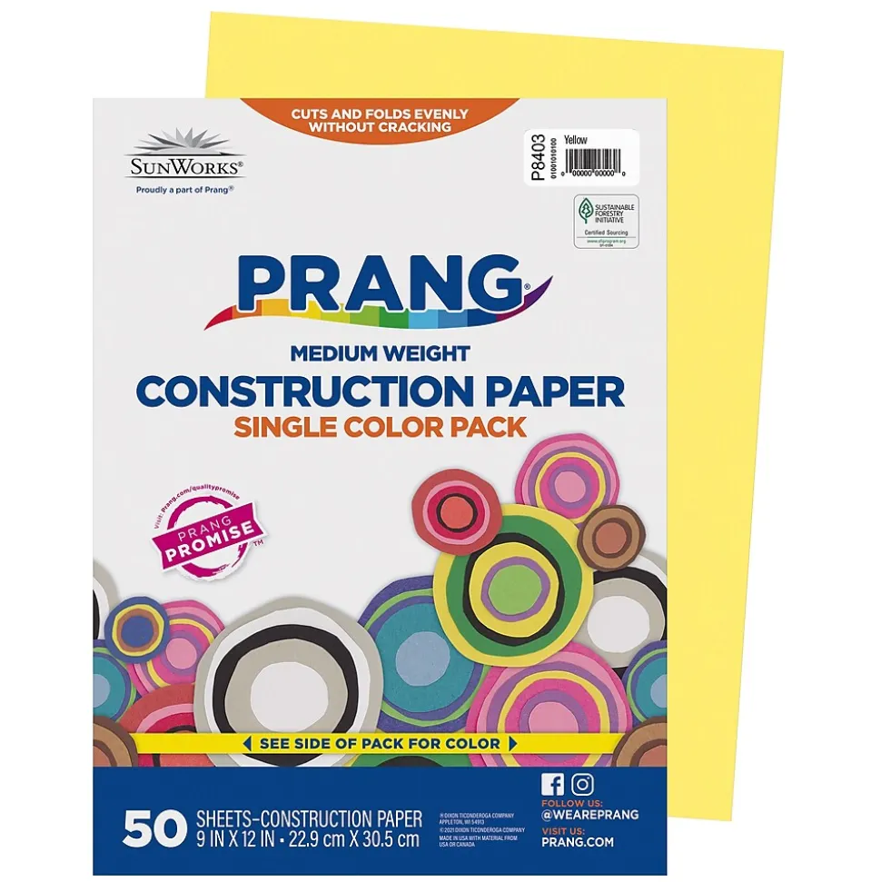Prang 9" x 12" Construction Paper, Yellow, 50 Sheets/Pack (P8403-0001)