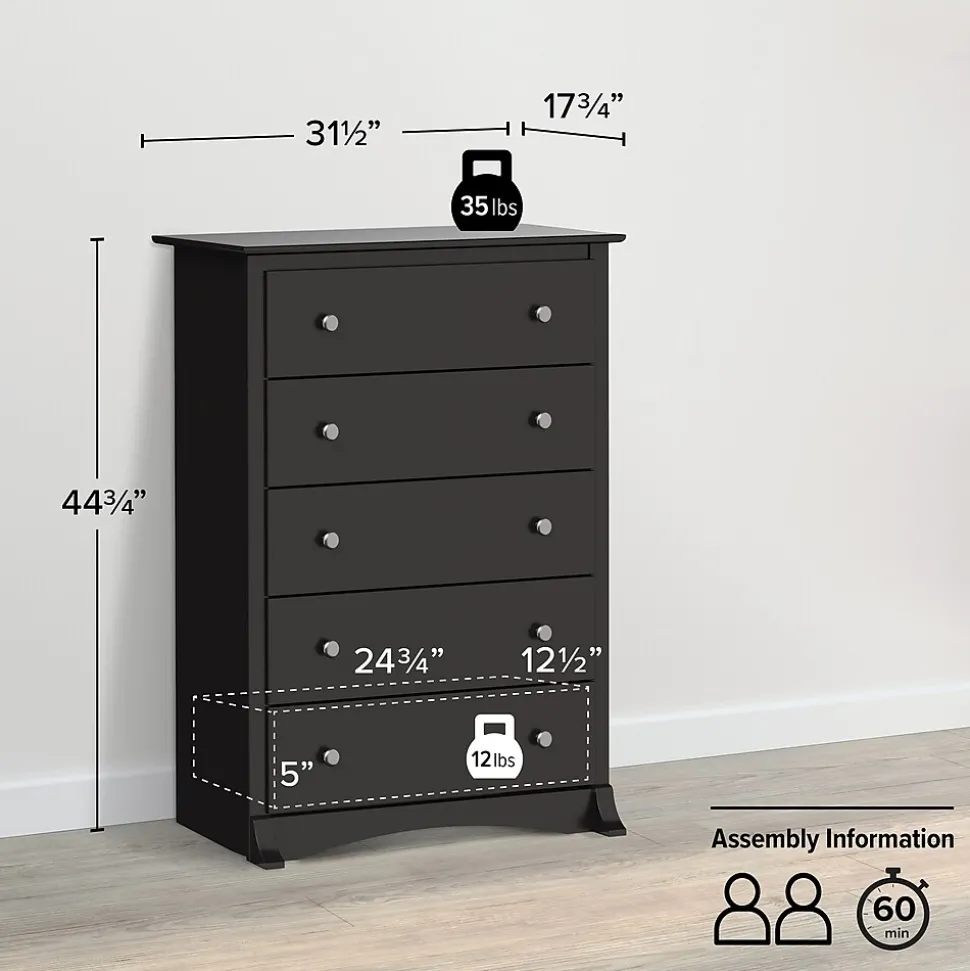 Prepac 44.75" Sonoma 5 Drawer Chest, Black (BDC-3345-K)