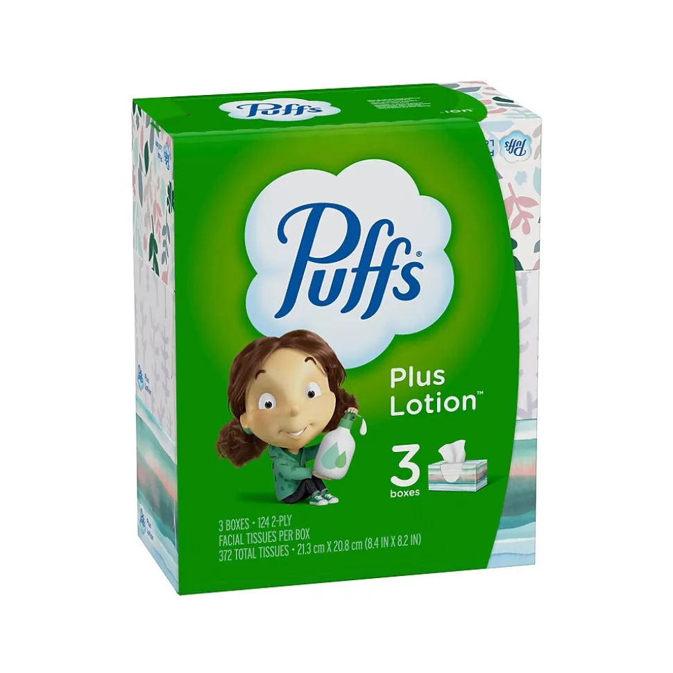 Puffs Plus Lotion Facial Tissue, 2-ply, 124 Tissues/Box, 3 Boxes/Pack (39363)