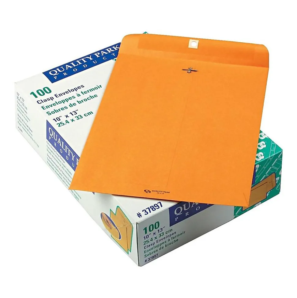 Quality Park Clasp & Moistenable Glue Kraft Catalog Envelopes, 10" x 13", Brown Kraft, 100/Box (QUA37897)