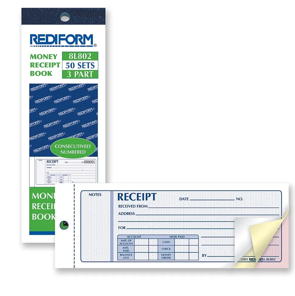 Rediform Money Receipts Collection Forms, Carbonless, 3 Parts, 2 3/4" x 7" (8L802)
