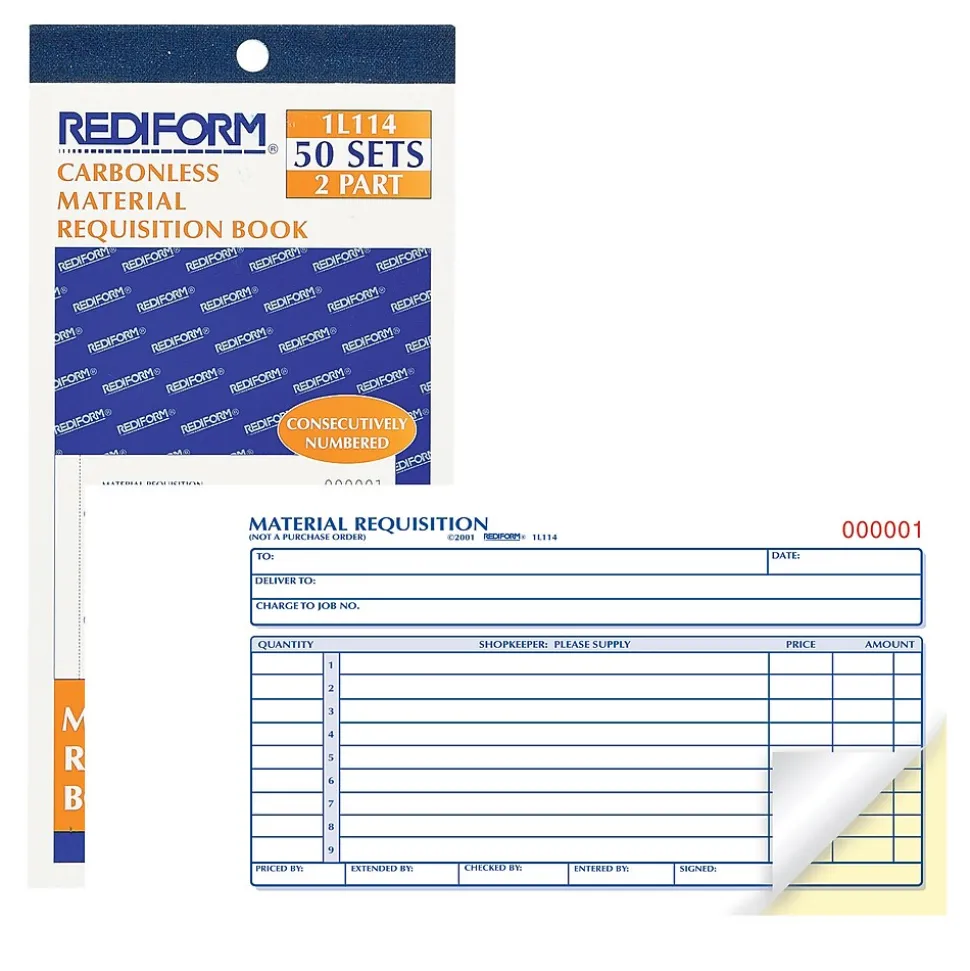 Rediform 2-Part Carbonless Purchase Requisitions, 4.25"L x 7.88"W, 50 Sets/Book (1L114)