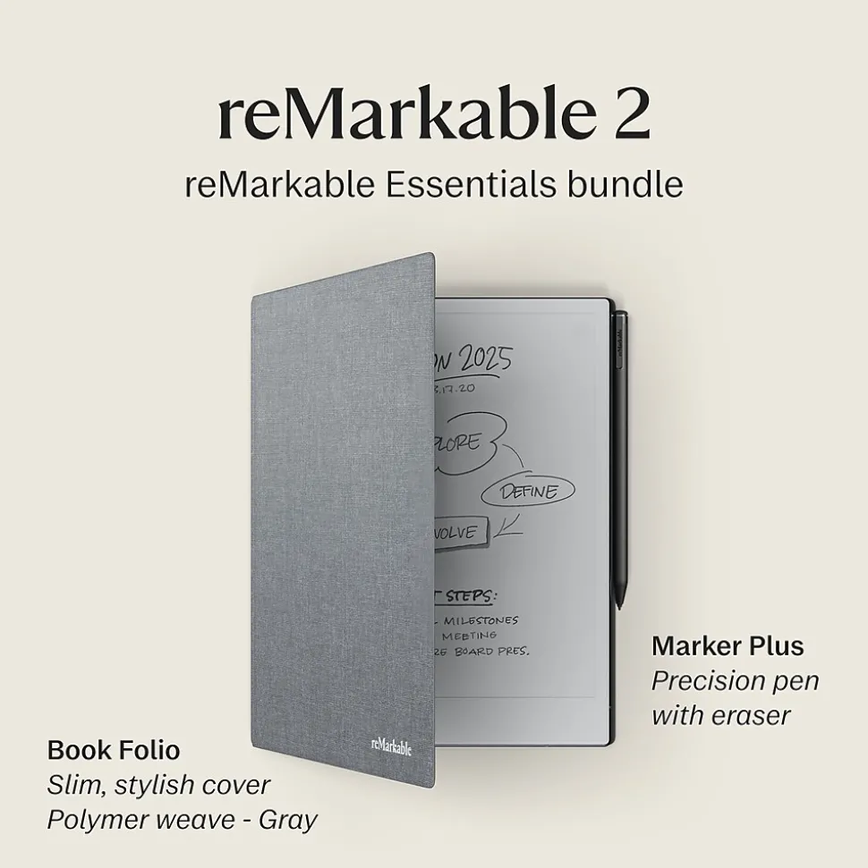 reMarkable 2 10.3" Paper Tablet with Marker Plus and Polymer Weave Book Folio, Gray (RM114)