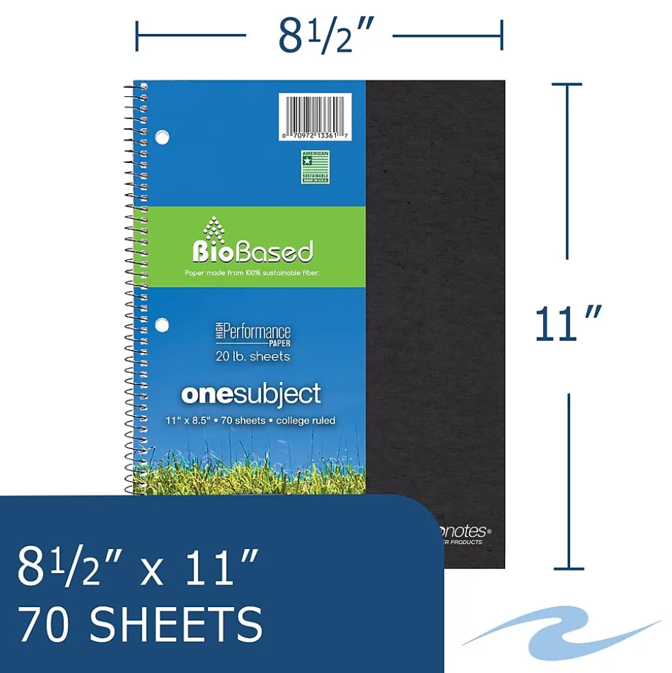 Roaring Spring Paper Products BioBased 1-Subject Notebooks, 8.5" x 11", College Ruled, 70 Sheets, Each (13361)