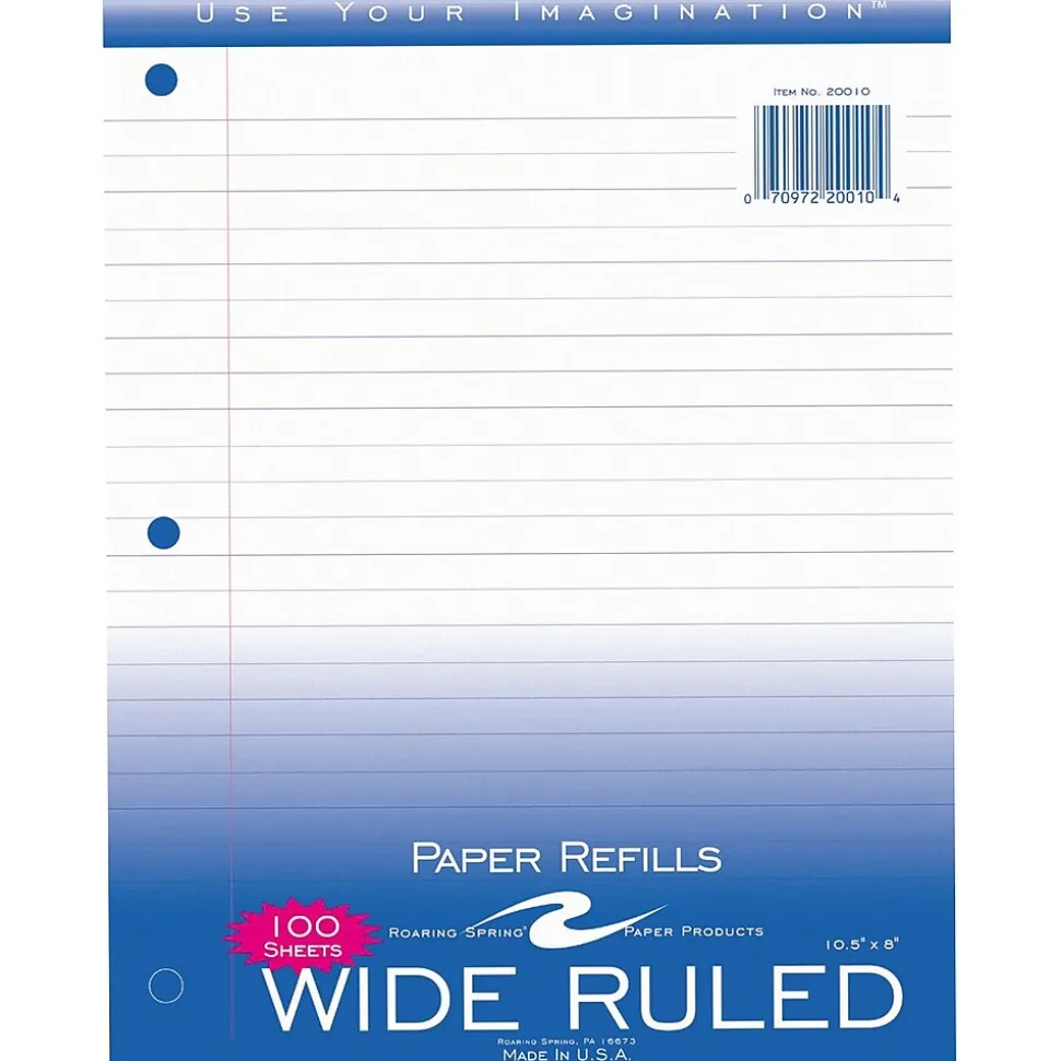 Roaring Spring Paper Products Wide Ruled Filler Paper, 8" x 10.5", 3-Hole Punched, 100 Sheets/Pack (20010)