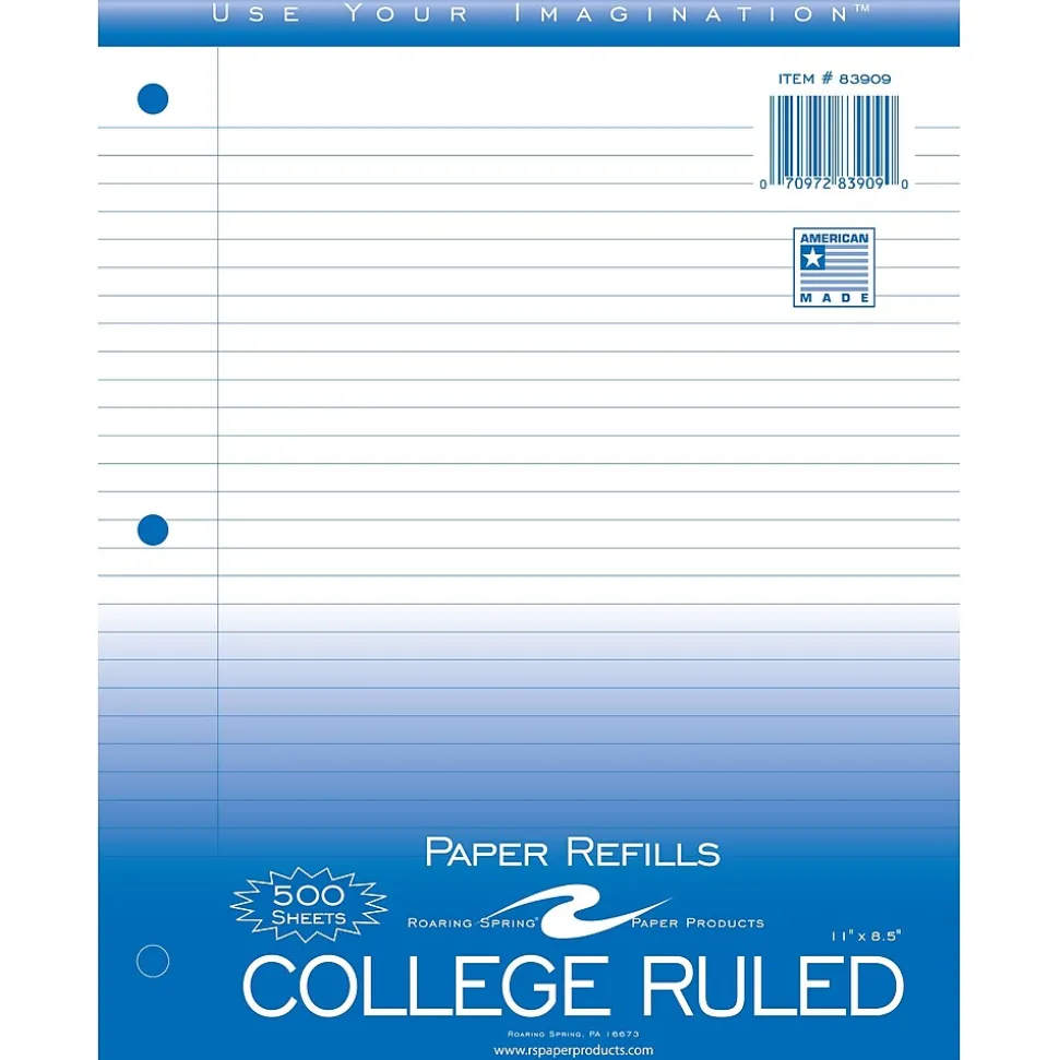 Roaring Spring Paper Products College Ruled College Ruled Filler Paper, 8.5" x 11", 3-Hole Punched, 500 Sheets/Pack (83909)
