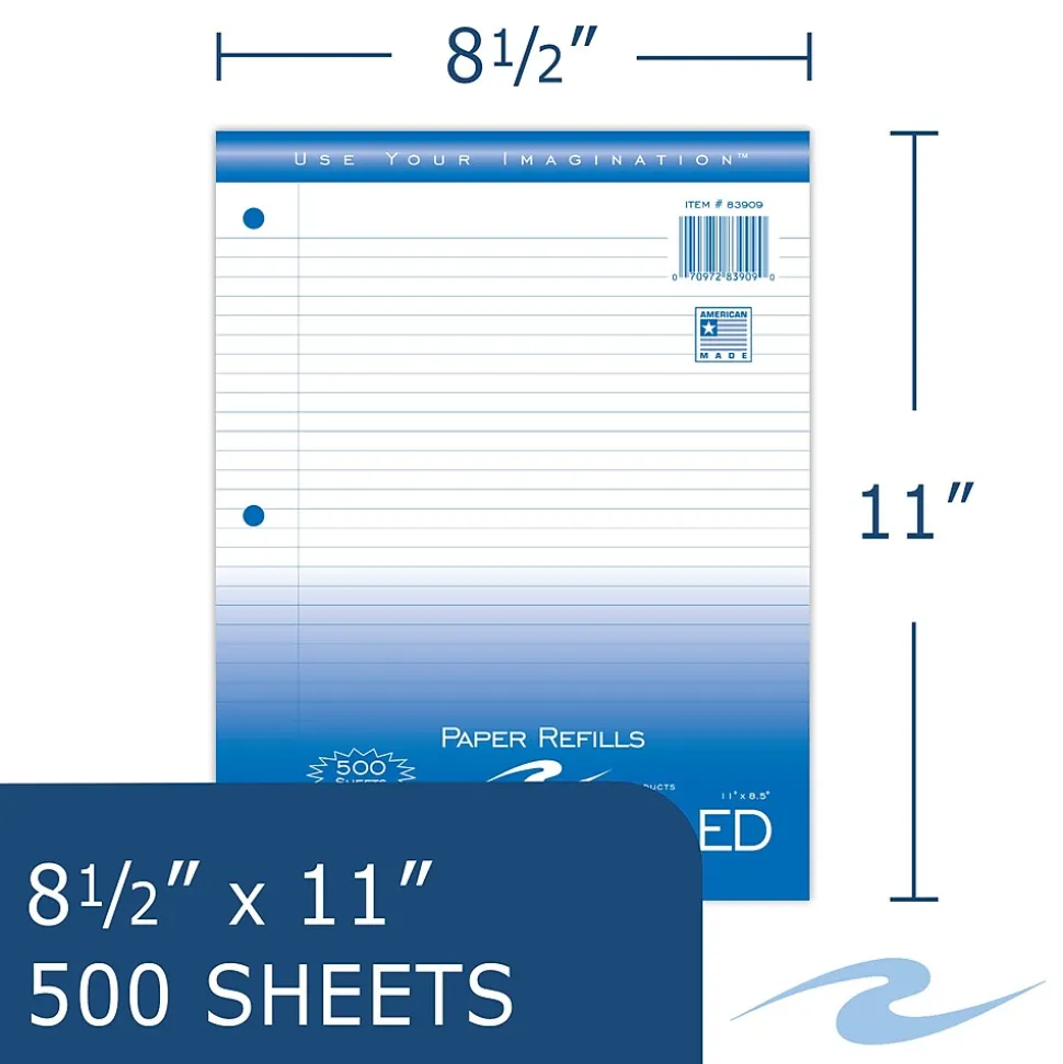 Roaring Spring Paper Products College Ruled College Ruled Filler Paper, 8.5" x 11", 3-Hole Punched, 500 Sheets/Pack (83909)