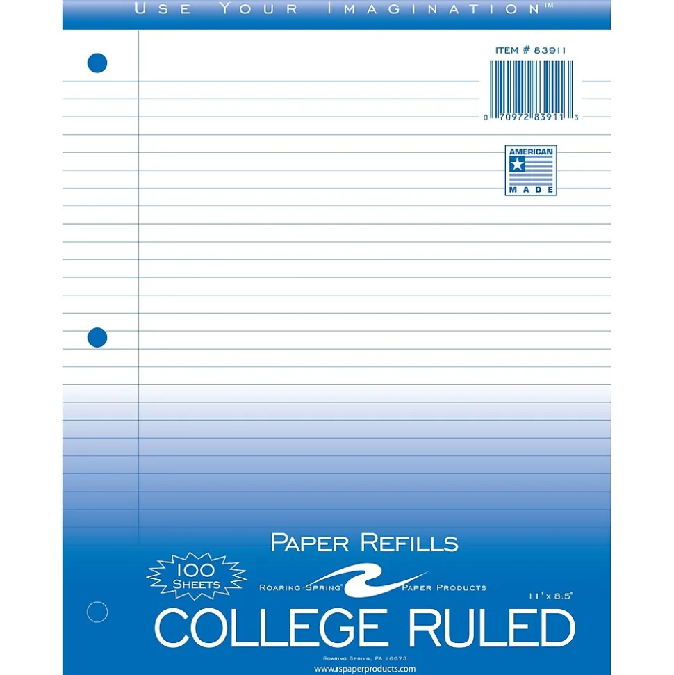 Roaring Spring Paper Products College Ruled College Ruled Filler Paper, 8.5" x 11", 3-Hole Punched, 100 Sheets/Pack (83911)