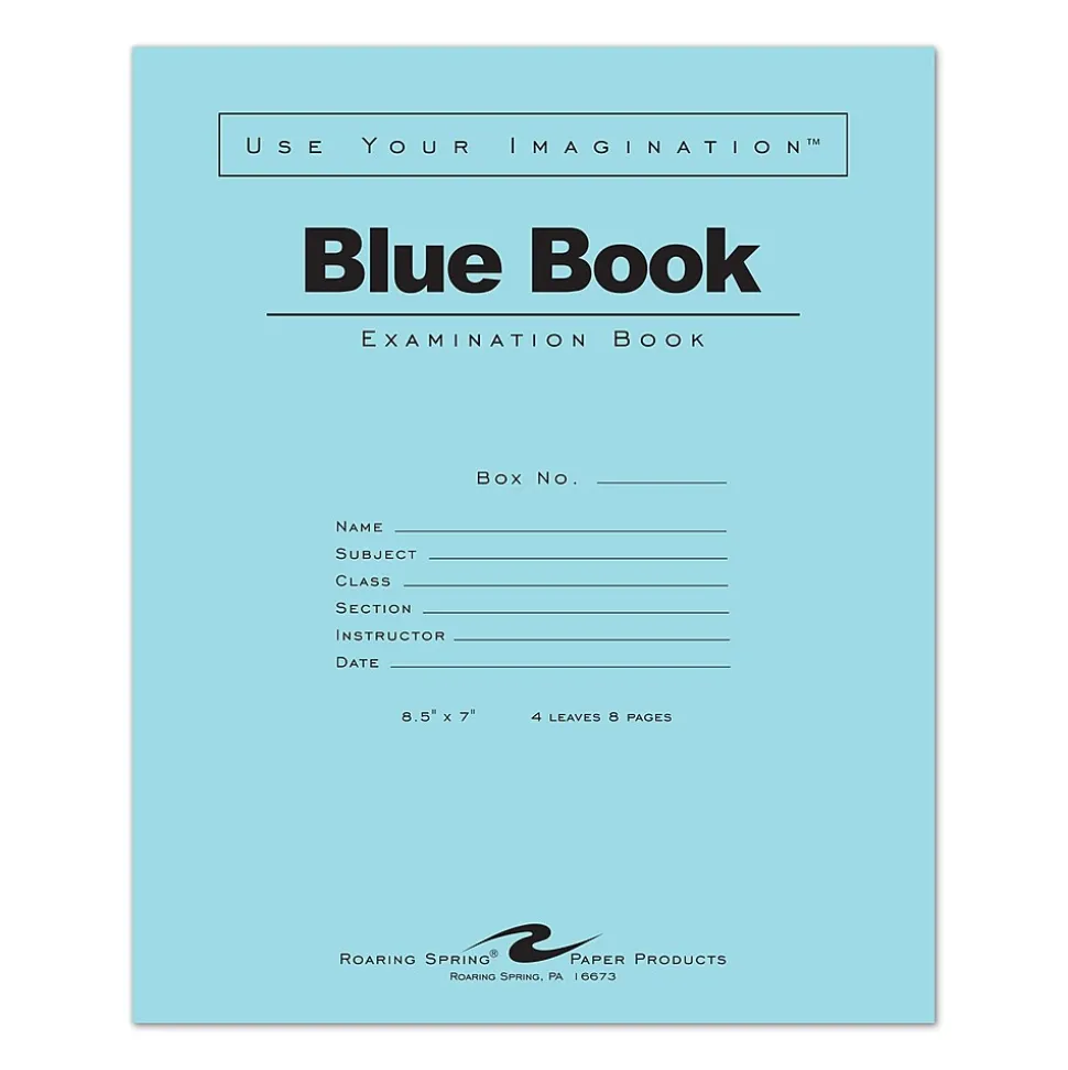 Roaring Spring Paper Products 1-Subject Exam Notebooks, 7" x 8.5", Wide Ruled, 4 Sheets, Blue (ROA77510)