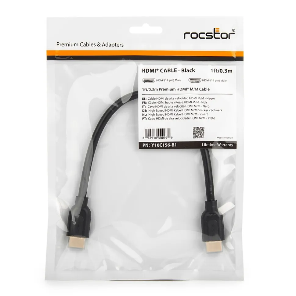 Rocstor Premium 1' HDMI Audio/Video Cable with Ethernet (Y10C156-B1)