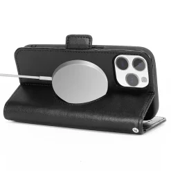 SaharaCase Genuine Leather Wallet Case, Tempered Glass Screen, Camera Protector for iPhone 15 Pro Max, Black (CP480ZD128ZD131)