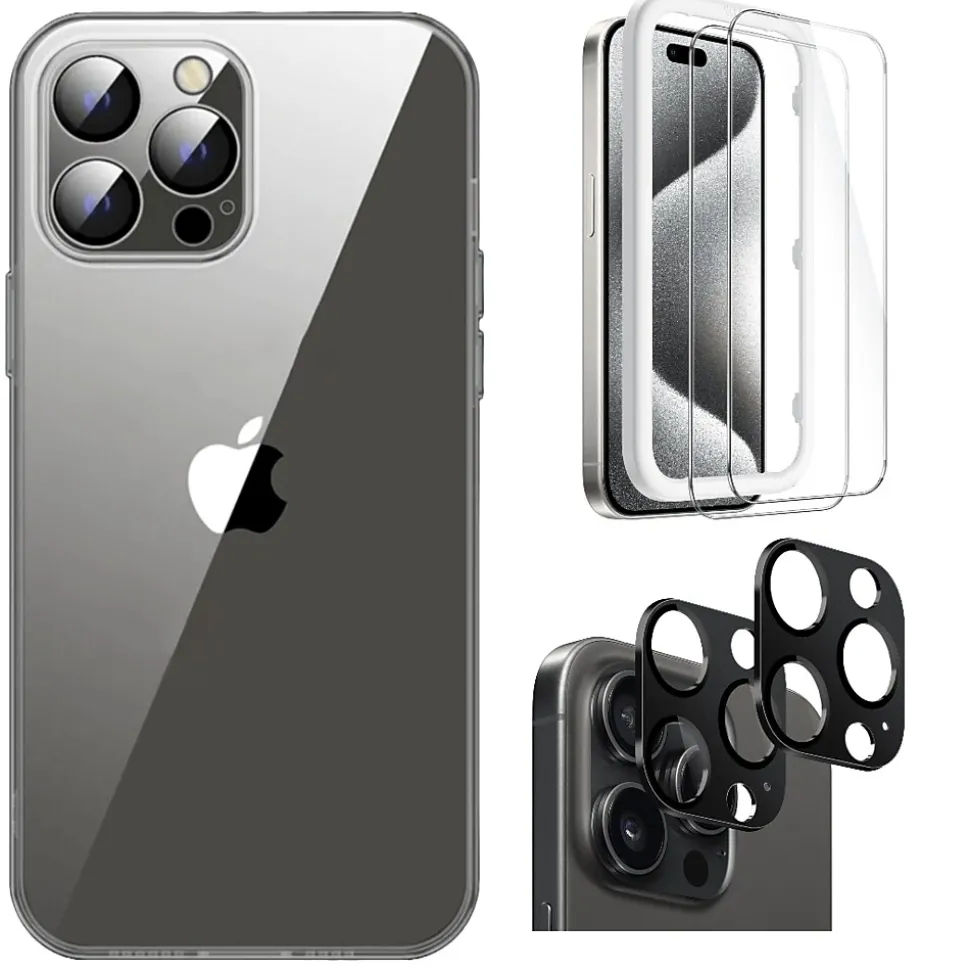 SaharaCase Hybrid-Flex Hard Shell Case, Tempered Glass Screen, Camera Protector for iPhone 15 Pro Max, Clear (CP471ZD128ZD131)