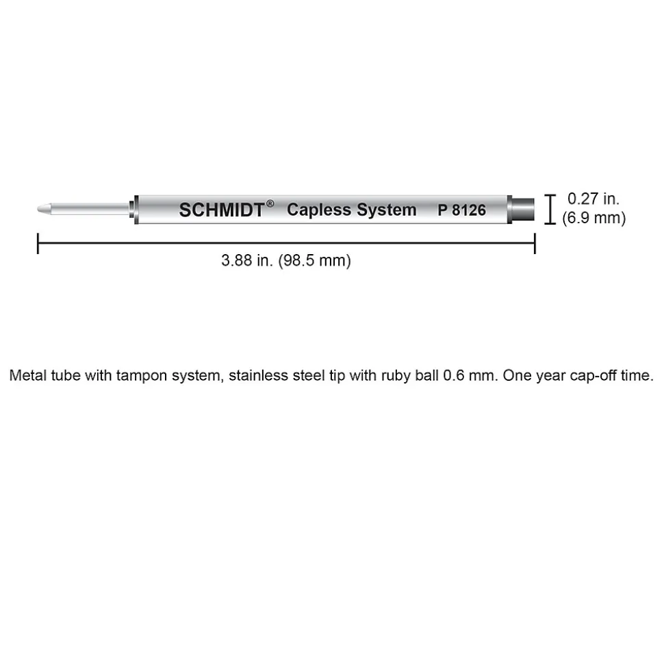 Schmidt 8126 Rollerball Short Capless Refill, Fine, Black, 2 Pack (SC58119)