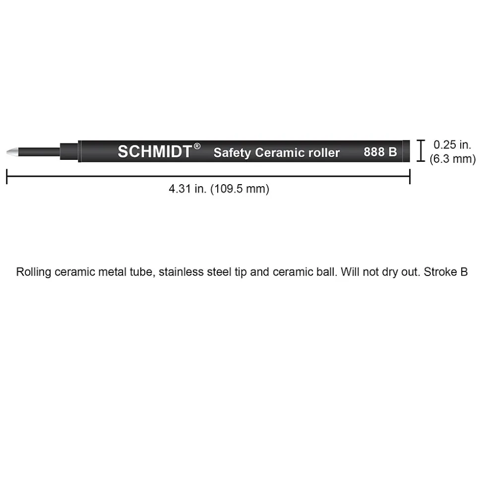 Schmidt 888 Safety Ceramic Rollerball Plastic Tube Refill, Fits Parker Rollerball Pens, Broad, Blue, 2 Pack (SC58114)