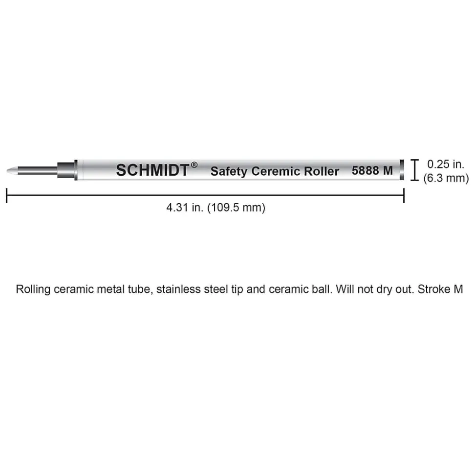 Schmidt 888 Safety Ceramic Rollerball Metal Tube Refill, Fits Universal Pens, Medium, Blue, 2 Pack (SC58105)